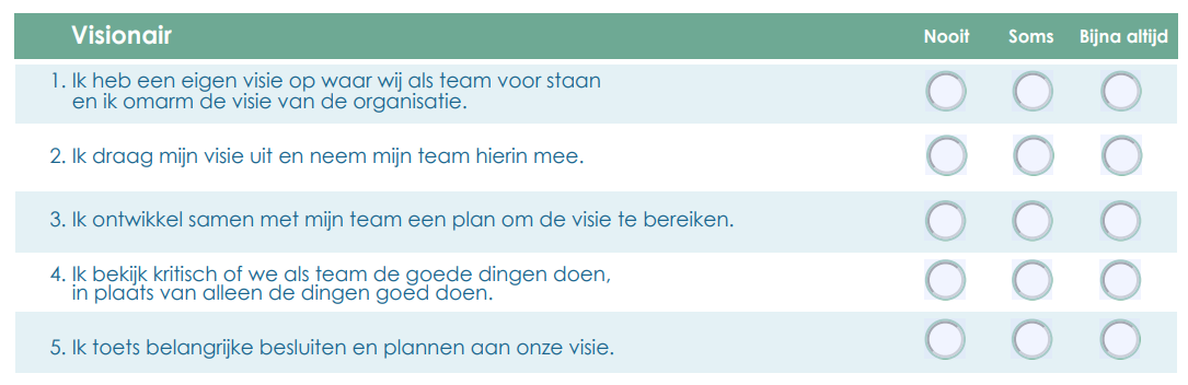 Ben jij een visionair leider? Hoe scoor jij op de volgende stellingen? 1. Ik heb een eigen visie op waar wij als team voor staan en ik omarm de visie van de organisatie. 2. Ik draag mijn visie uit en neem mijn team hierin mee. 3. Ik ontwikkel samen met mijn team een plan om de visie te bereiken 4. Ik bekijk kritisch of we als team de goede dingen doen, in plaats van alleen de dingen goed doen. 5. Ik toets belangrijke besluiten en plannen aan onze visie.