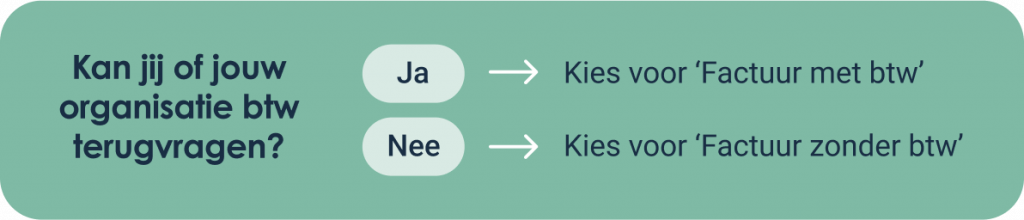 Kun jij of jouw werkgever BTW terugvragen? Zo ja, kies voor een factuur met btw. Zo nee, kies voor ene factuur zonder btw.